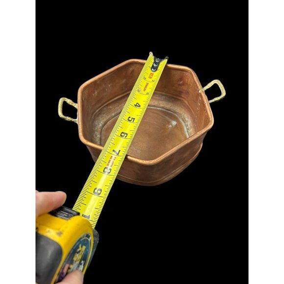 Copper Pot Planter Hexagon Handmade Pieced Seamed Rolled Edge Brass Handles 7x4 - Picture 10 of 10